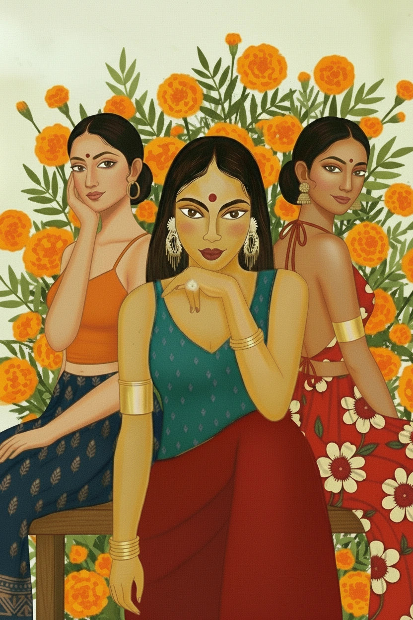 Three women in traditional attire with a floral background